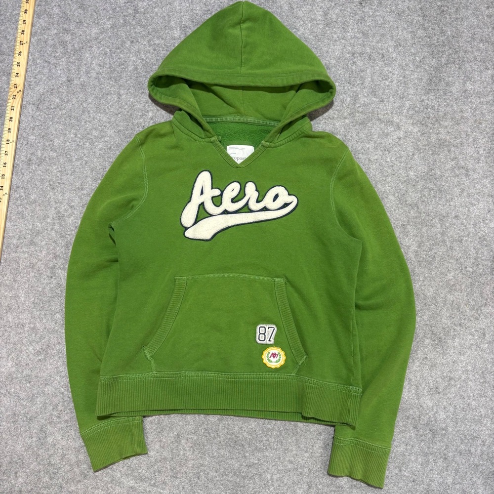 Aeropostale Womens XL Green Aero 87 Applique Pullover Hoodie Sweatshirt Y2K